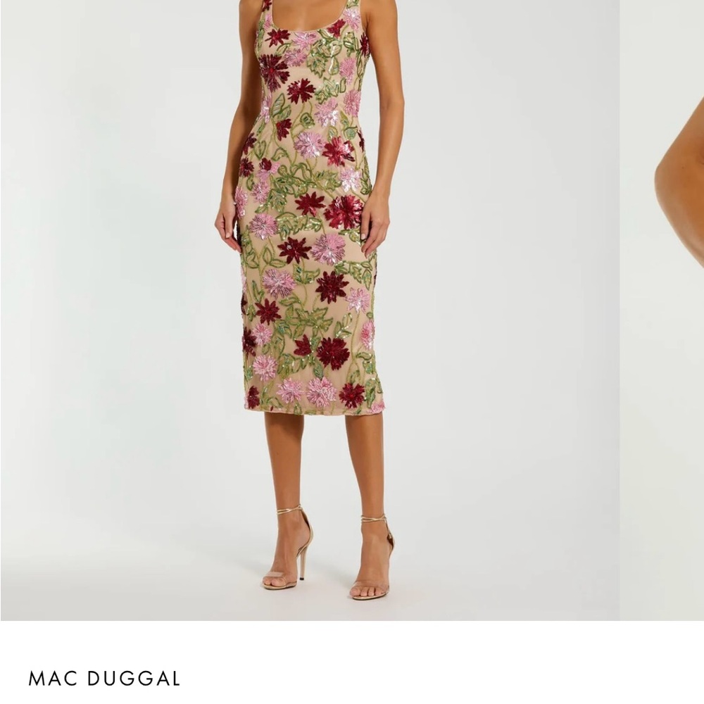 Mac Duggal Pink and Red Floral Midi Dress